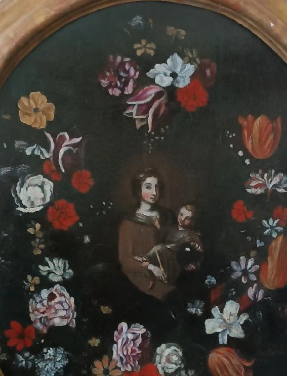 Oil painting on canvas ,Italian school,Madonna and Child on flower garland-seventeenth century