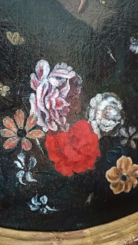 Oil painting on canvas ,Italian school,Madonna and Child on flower garland-seventeenth century