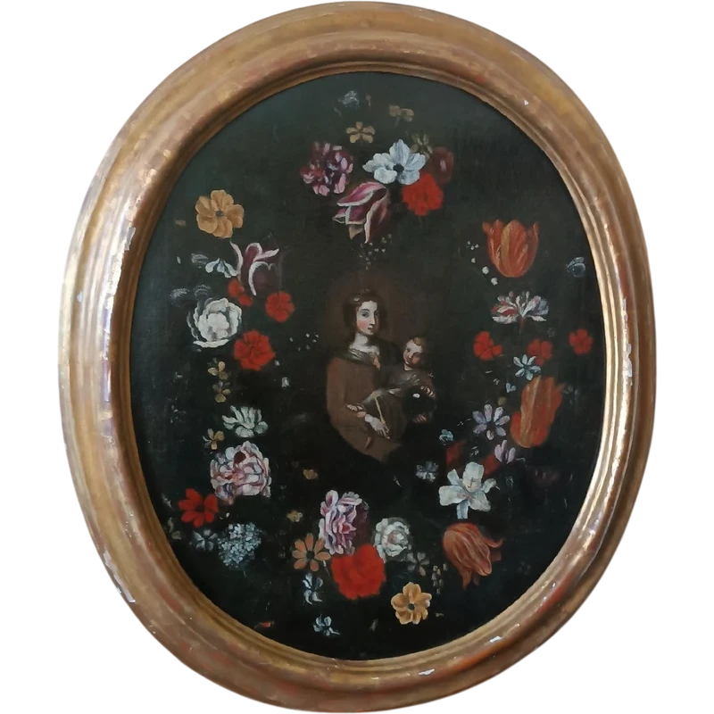 Oil painting on canvas ,Italian school,Madonna and Child on flower garland-seventeenth century