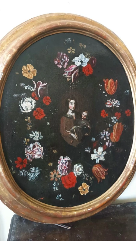 Oil painting on canvas ,Italian school,Madonna and Child on flower garland-seventeenth century