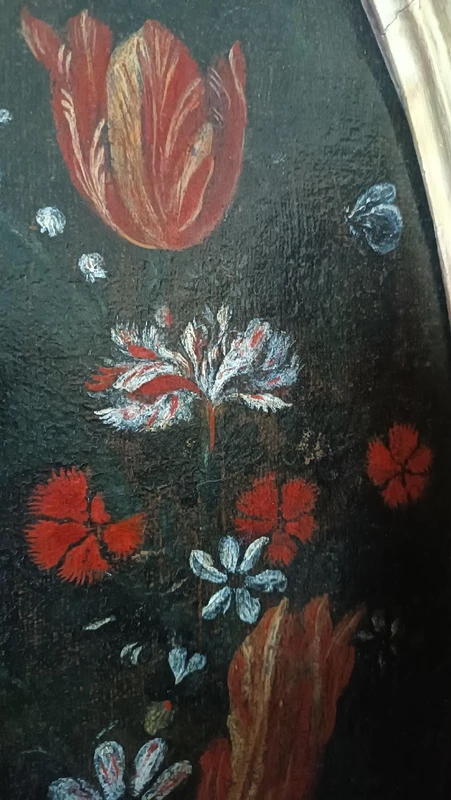 Oil painting on canvas ,Italian school,Madonna and Child on flower garland-seventeenth century