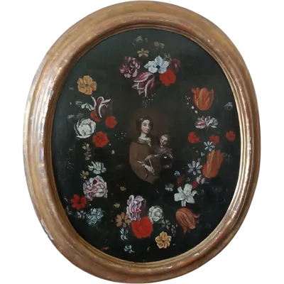 Oil painting on canvas ,Italian school,Madonna and Child on flower garland-seventeenth century