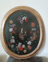 Oil painting on canvas ,Italian school,Madonna and Child on flower garland-seventeenth century
