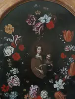 Oil painting on canvas ,Italian school,Madonna and Child on flower garland-seventeenth century