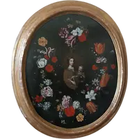 Oil painting on canvas ,Italian school,Madonna and Child on flower garland-seventeenth century