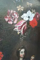 Oil painting on canvas ,Italian school,Madonna and Child on flower garland-seventeenth century
