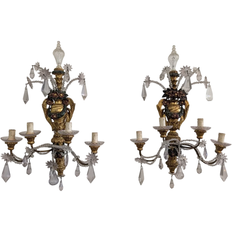 Pair of Genoese gilded and lacquered wood wall sconces, crystals, late 19th century