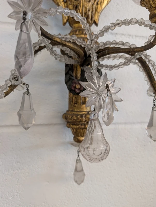 Pair of Genoese gilded and lacquered wood wall sconces, crystals, late 19th century