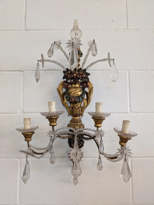 Pair of Genoese gilded and lacquered wood wall sconces, crystals, late 19th century