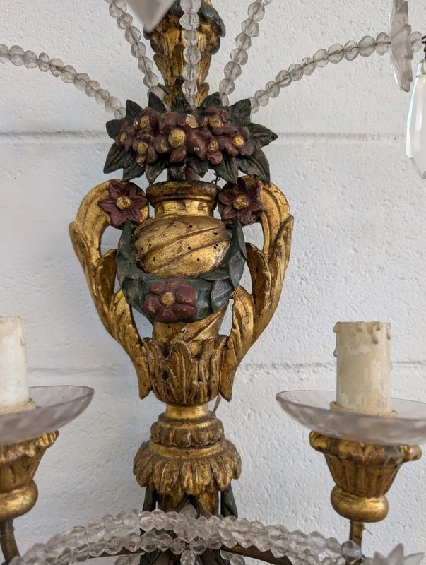 Pair of Genoese gilded and lacquered wood wall sconces, crystals, late 19th century