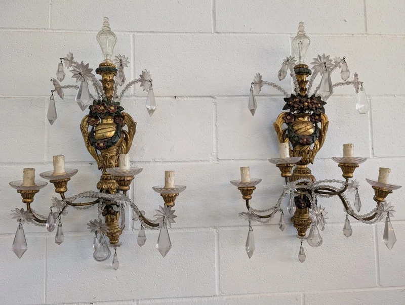 Pair of Genoese gilded and lacquered wood wall sconces, crystals, late 19th century