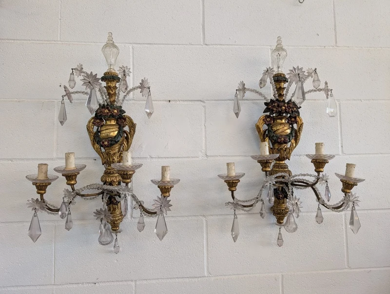 Pair of Genoese gilded and lacquered wood wall sconces, crystals, late 19th century