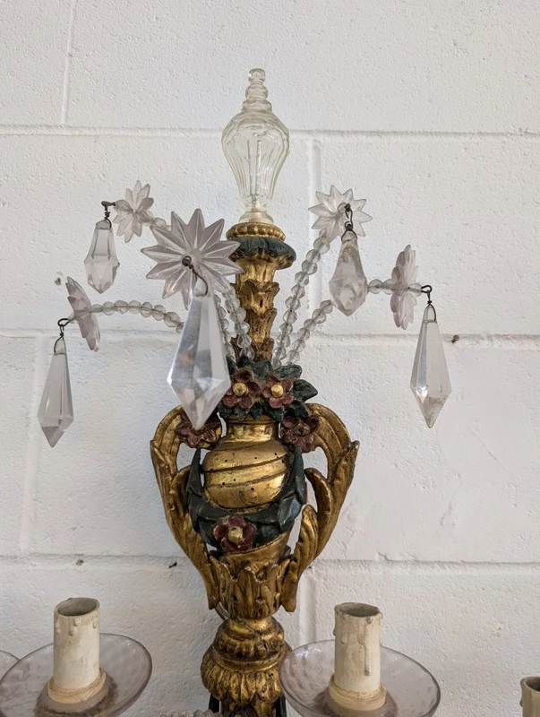 Pair of Genoese gilded and lacquered wood wall sconces, crystals, late 19th century