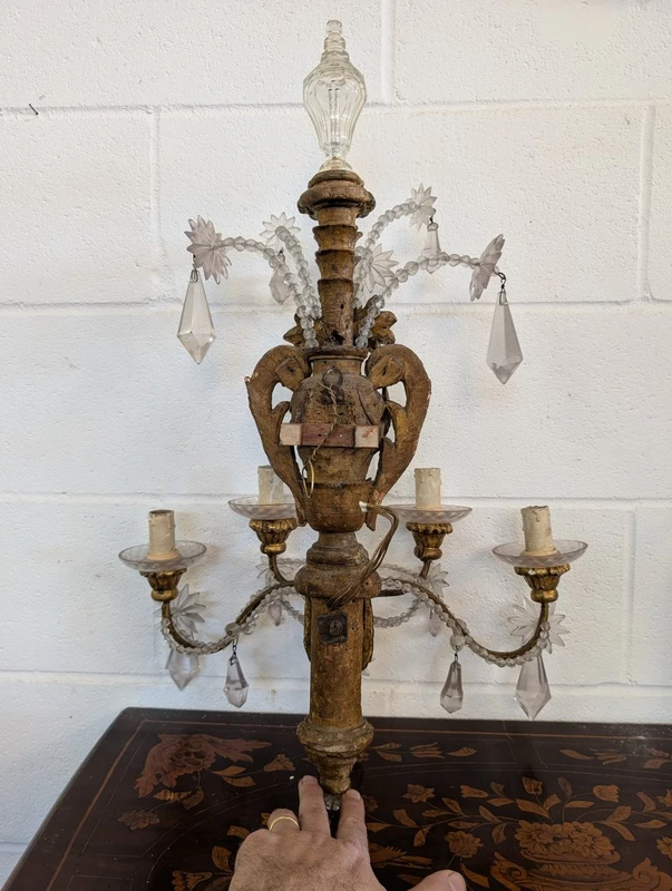 Pair of Genoese gilded and lacquered wood wall sconces, crystals, late 19th century