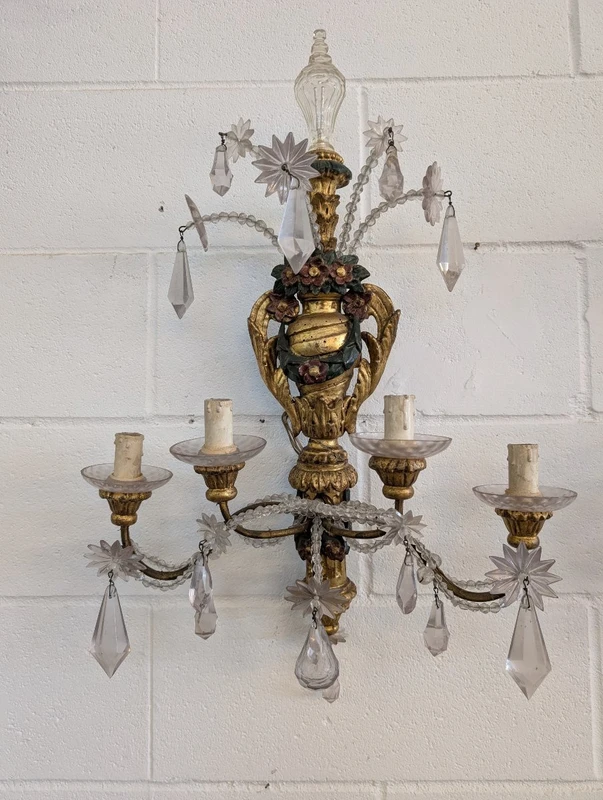 Pair of Genoese gilded and lacquered wood wall sconces, crystals, late 19th century