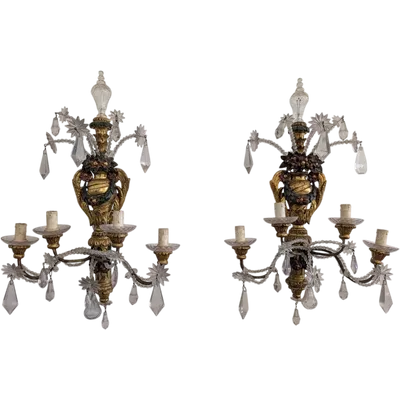 Coppia di applique genovesi in legno dorato e laccato, cristalli, fine XIX secolo