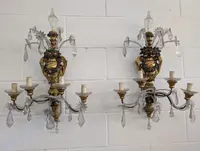 Pair of Genoese gilded and lacquered wood wall sconces, crystals, late 19th century