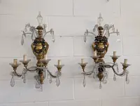 Pair of Genoese gilded and lacquered wood wall sconces, crystals, late 19th century