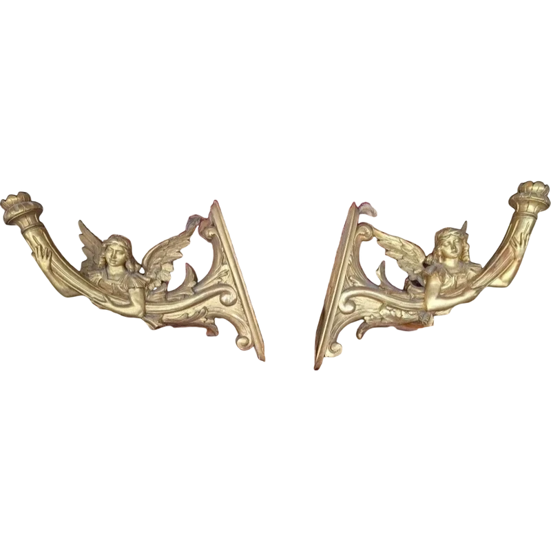 Pair of gilt wood wall candle holder angels 19th century