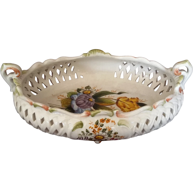 Piccolo cestino in ceramica italiana, dipinto a mano