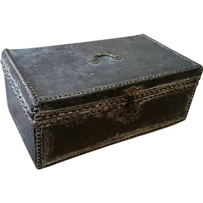 Casket , Satchel , covered in leather decorated with metal inserts. 17th century ,45x26x19
