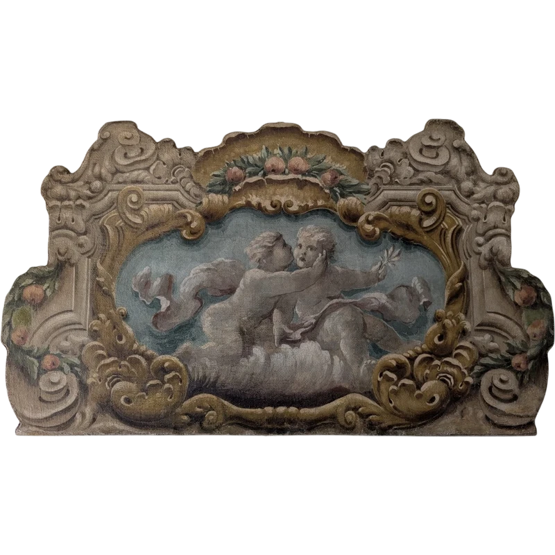 Pannello dipinto con putti entro cornice dipinta stile barocco XX secolo cm 125 x 73