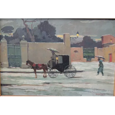 Renato Natali, snowy scene with carriage, 1960s