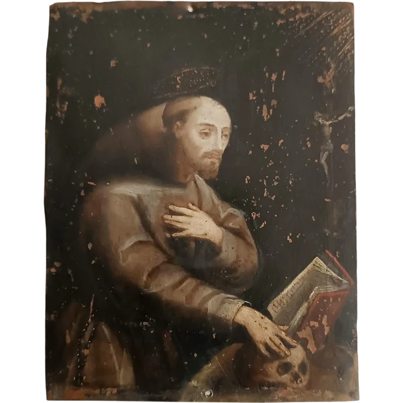 Antico dipinto su rame scuola italiana XVII secolo-SAN FRANCESCO