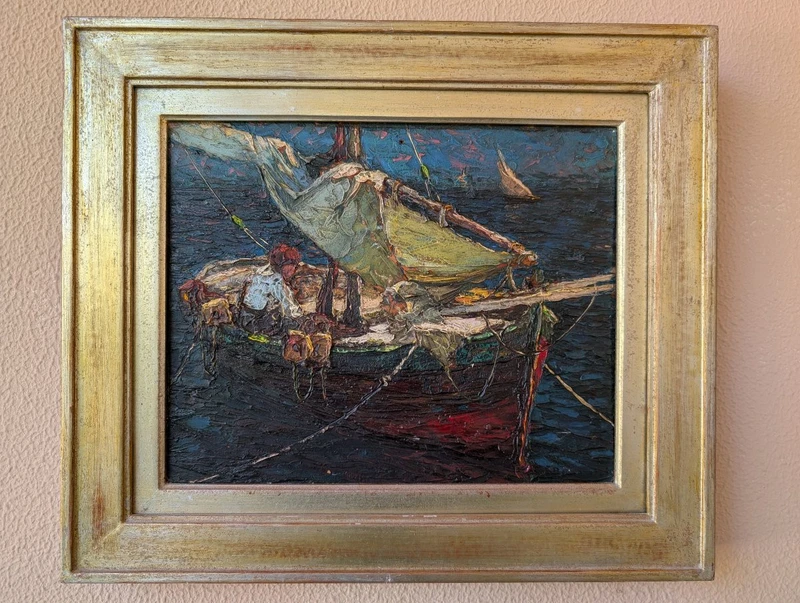 Louis Bonamici, barca da pesca, olio su tavola, XX secolo