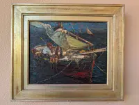 Louis Bonamici, barca da pesca, olio su tavola, XX secolo