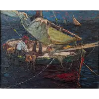 Louis Bonamici, barca da pesca, olio su tavola, XX secolo