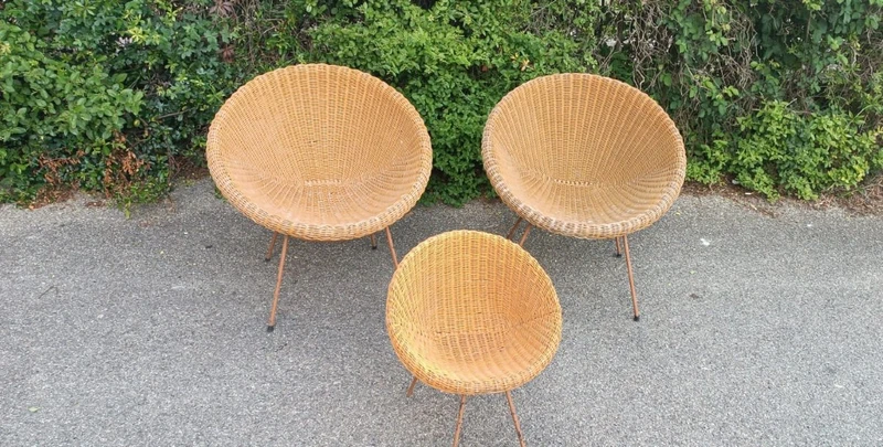 RARE ENSEMBLE DE FAUTEUILS EN OSIER DESIGN ITALIEN DU MILIEU DU SIÈCLE DERNIER