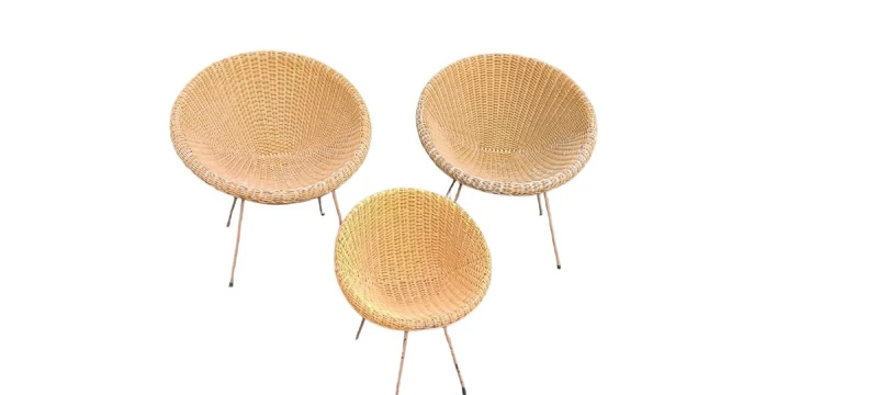 RARE ENSEMBLE DE FAUTEUILS EN OSIER DESIGN ITALIEN DU MILIEU DU SIÈCLE DERNIER