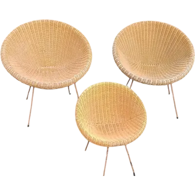 RARE ENSEMBLE DE FAUTEUILS EN OSIER DESIGN ITALIEN DU MILIEU DU SIÈCLE DERNIER