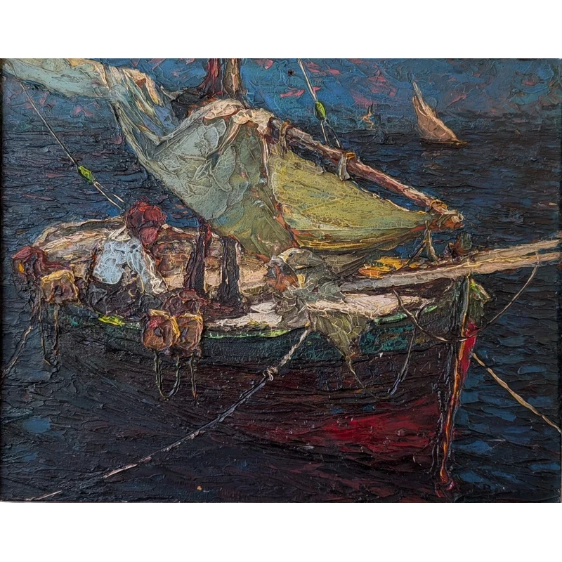 Louis Bonamici, barca da pesca, olio su tavola, XX secolo