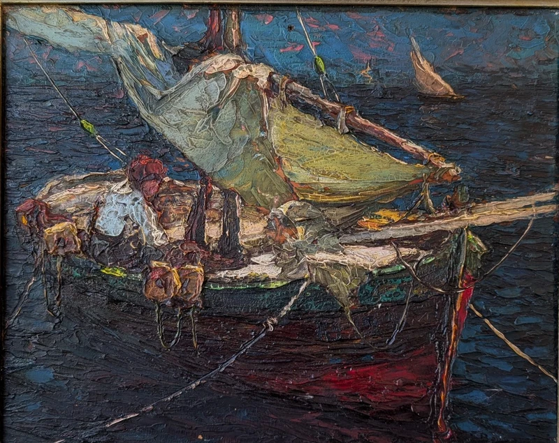 Louis Bonamici, barca da pesca, olio su tavola, XX secolo