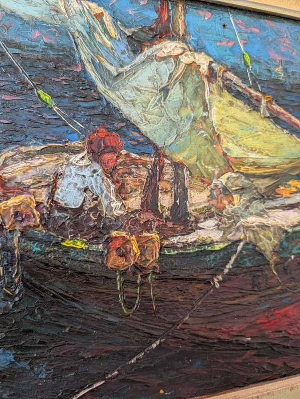 Louis Bonamici, barca da pesca, olio su tavola, XX secolo