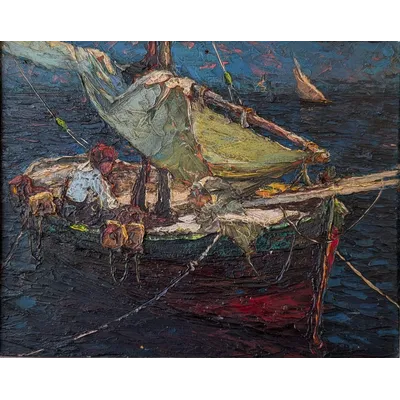Louis Bonamici, bateau de pêche, huile sur panneau, 20e siècle
