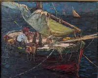 Louis Bonamici, barca da pesca, olio su tavola, XX secolo