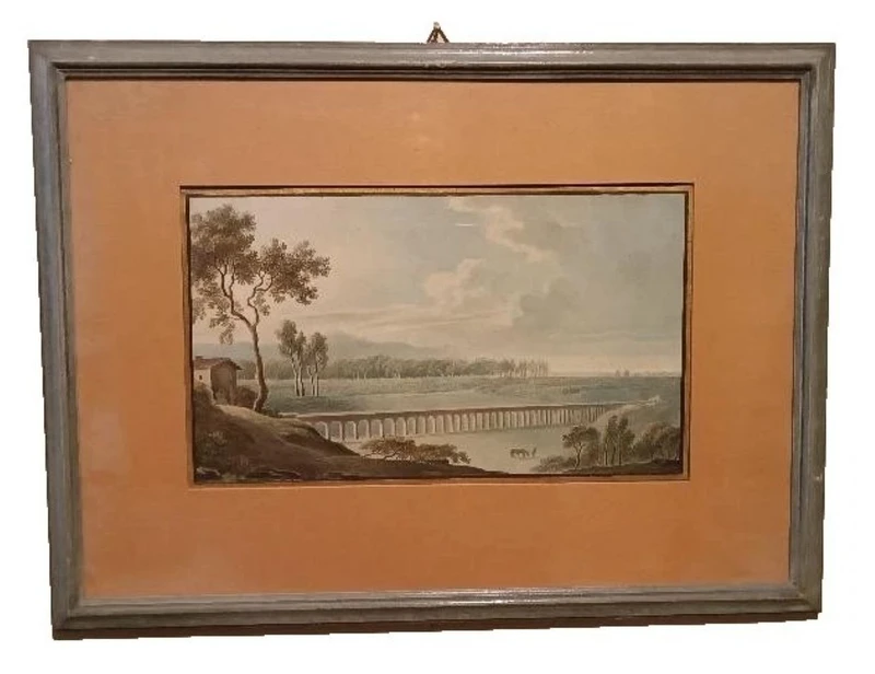 6 Antichi acquerelli su carta primi 800 - paesaggi con acquedotto,  ponte