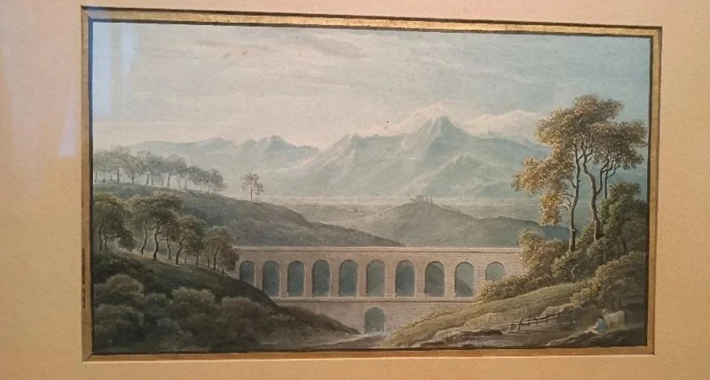 6 Antichi acquerelli su carta primi 800 - paesaggi con acquedotto,  ponte
