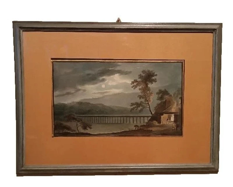 6 Antichi acquerelli su carta primi 800 - paesaggi con acquedotto,  ponte