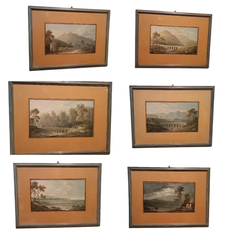 6 Antichi acquerelli su carta primi 800 - paesaggi con acquedotto,  ponte