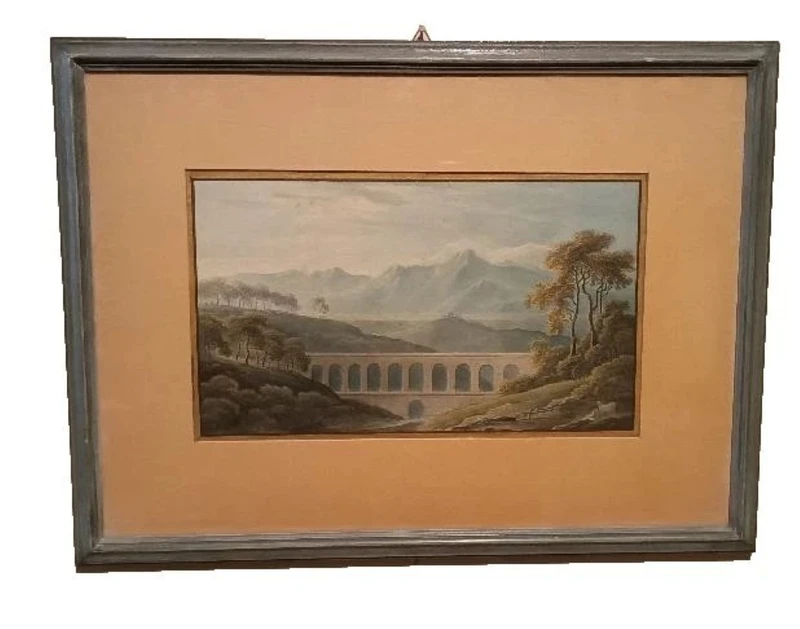 6 Antichi acquerelli su carta primi 800 - paesaggi con acquedotto,  ponte
