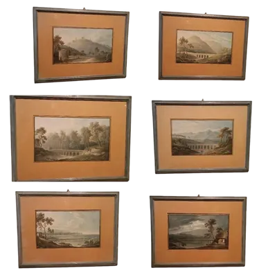 6 aquarelles anciennes sur papier début 19ème siècle - paysages avec aqueduc, pont