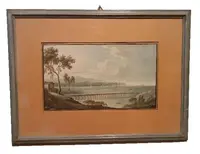 6 Antichi acquerelli su carta primi 800 - paesaggi con acquedotto,  ponte