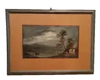 6 Antichi acquerelli su carta primi 800 - paesaggi con acquedotto,  ponte