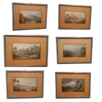 6 Antichi acquerelli su carta primi 800 - paesaggi con acquedotto,  ponte