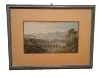 6 Antichi acquerelli su carta primi 800 - paesaggi con acquedotto,  ponte