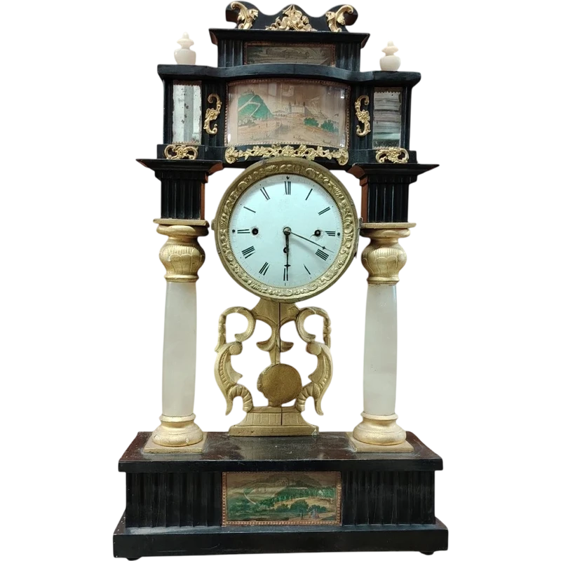 Bidermaier temple clock in ebonized wood and gilt alabaster columns 19th century